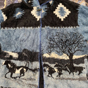Reversible Horse Blue Animal Fleece Full Zip Jacket Black XL y2k
