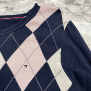 Navy Tommy Hilfiger Crewneck Argyle Sweater Knitwear Large