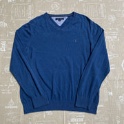 Blue V-Neck Tommy Hilfiger Knit Jumper Sweater Men's Large