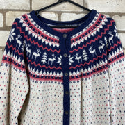 Navy and White Atmosphere Christmas Print Womans Cardigan Size 12