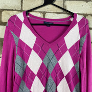 Pink, Grey and White Diamond Pattern Tommy Hilfiger Sweater Womans M