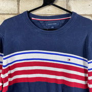 Navy Tommy Hilfiger Sweater With Red, White and Blue Stripes Mens M