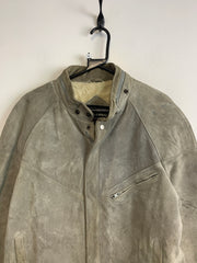 Grey Leather Bomber Jacket Men's Large