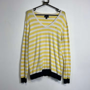 Yellow White Striped V-Neck Knit Jumper Sweater Womens 2XL