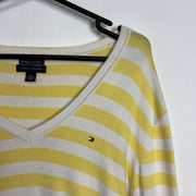 Yellow White Striped V-Neck Knit Jumper Sweater Womens 2XL