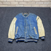 Blue and Cream White Baseball Denim Jacket Men's L/XL