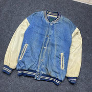 Blue and Cream White Baseball Denim Jacket Men's L/XL