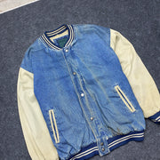 Blue and Cream White Baseball Denim Jacket Men's L/XL