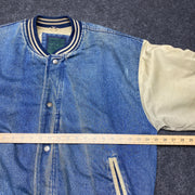 Blue and Cream White Baseball Denim Jacket Men's L/XL