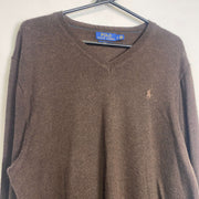 Brown Polo Ralph Lauren V-Neck Knit Jumper Sweater Large