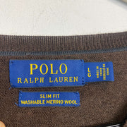 Brown Polo Ralph Lauren V-Neck Knit Jumper Sweater Large