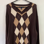 Brown and Beige Diamond Checked Tommy Hilfiger Jumper Women's XL