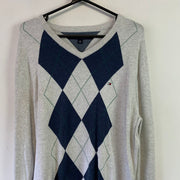 White and Navy Diamond Checked Tommy Hilfiger Jumper Women's XL