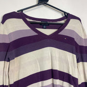 Purple White Tommy Hilfiger V-Neck Knit Jumper Womens Small