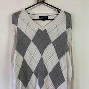 White and Grey Diamond Check Tommy Hilfiger Jumper Women's XL