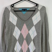 Grey White Pink Diamond Checked Jumper Women's XXL