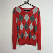 Coral Grey Argyle Tommy Hilfiger Sweater Knit Womens XS