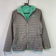 Grey and Cyan North Face Reversible Fleece Jacket Girl's XL