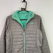 Grey and Cyan North Face Reversible Fleece Jacket Girl's XL