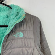 Grey and Cyan North Face Reversible Fleece Jacket Girl's XL