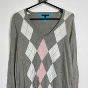 Grey Tommy Hilfiger Argyle Knit Sweater Jumper Womens 2XL