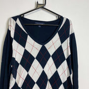 Navy White Argyle Tommy Hilfiger Knit Sweater Jumper Womens XL