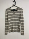 Grey-White Ralph Lauren Striped V-neck Jumper Women's XS