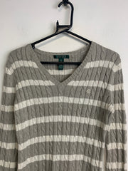 Grey-White Ralph Lauren Striped V-neck Jumper Women's XS