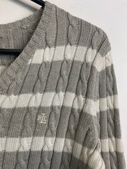 Grey-White Ralph Lauren Striped V-neck Jumper Women's XS