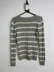 Grey-White Ralph Lauren Striped V-neck Jumper Women's XS