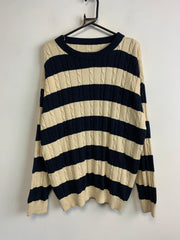 Beige and Navy Cable Knit Sweater Men's Large