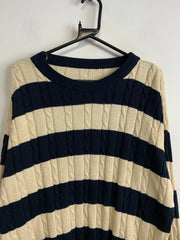 Beige and Navy Cable Knit Sweater Men's Large