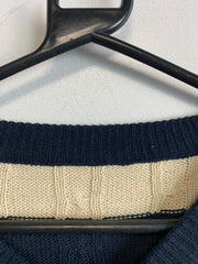 Beige and Navy Cable Knit Sweater Men's Large