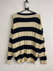 Beige and Navy Cable Knit Sweater Men's Large