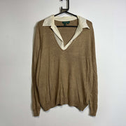 Brown Lauren Ralph Lauren Collared Knit Jumper Sweater Womens XL