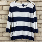 Striped navy and white 3/4 sleeve Tommy Hilfiger sweater with gold buttons Womans XL