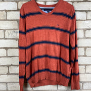 Tommy Hilfiger orange and navy blue striped V-neck sweater Men’s M