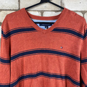 Tommy Hilfiger orange and navy blue striped V-neck sweater Men’s M