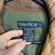 Vintage Nautica Brown Green Flying Bomber Jacket Large Leather