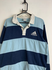 00s Blue Adidas Striped Long-sleeved Polo-shirt Men's Large