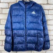 Adidas blue puffer jacket with embroidered logo on chest, full zip, and hood. Boys 13-14 yrs