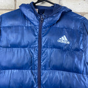 Adidas blue puffer jacket with embroidered logo on chest, full zip, and hood. Boys 13-14 yrs