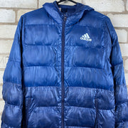 Adidas blue puffer jacket with embroidered logo on chest, full zip, and hood. Boys 13-14 yrs