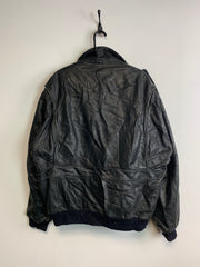 Black Leather Bomber Jacket Men's XL