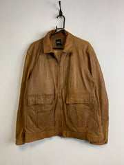 Brown Leather Boss Bomber Jacket Men's