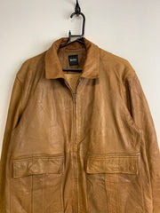 Brown Leather Boss Bomber Jacket Men's