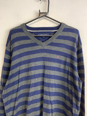 Blue-Grey Tommy Hilfiger Striped V-neck Jumper Men's Large