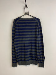 Blue-Grey Tommy Hilfiger Striped V-neck Jumper Men's Large