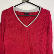 Tommy Hilfiger Red V-Neck Knitwear Cable Knit Sweater Womens Medium