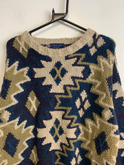 Navy and Beige Knitwear Sweater Men's Medium